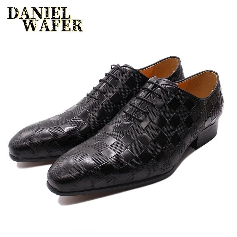 Luxury Oxford Men\'s Dress Shoes Fashion Male Genuine Leather Black Plaid Print Lace-Up Wedding Office Business Formal Shoe