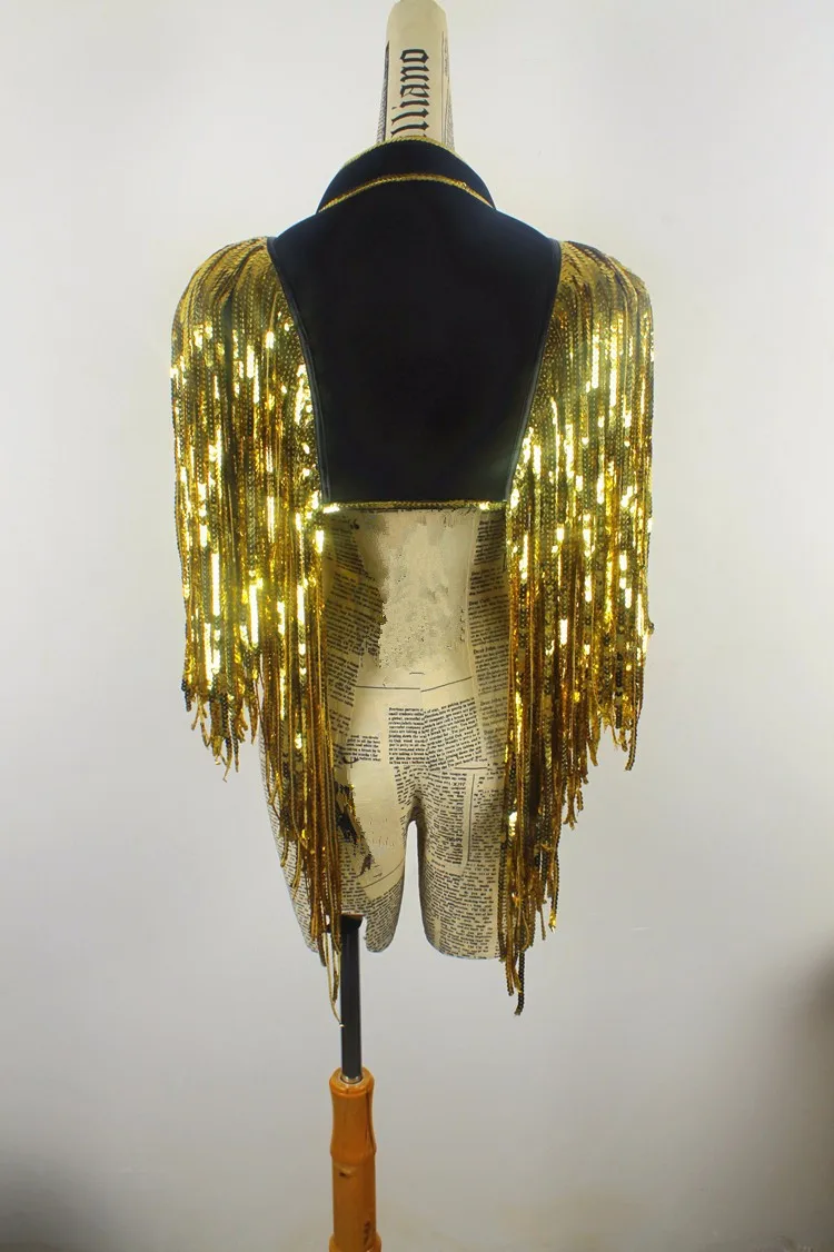 Sliver Gold Tassels Sequins Vest Waistcoat Costumes Dance Christmas Singer Dancer Stage Performance Bar Party Fringes Armors Top