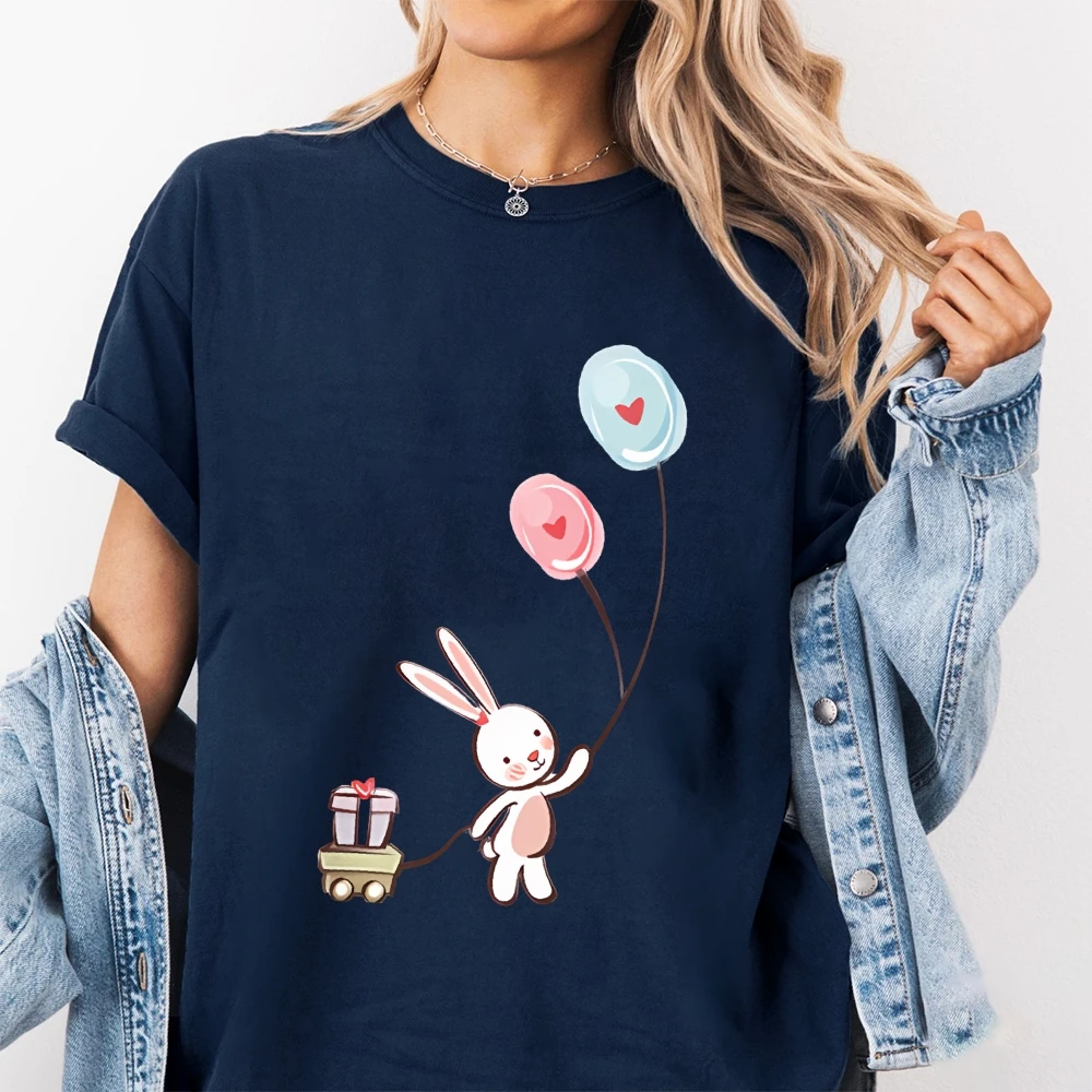 

T - Shirt, Cute Rabbit with Balloons and Gift Graphic Print, Whimsical Animal Design, Short - Sleeve, Trendy Streetwear Tee