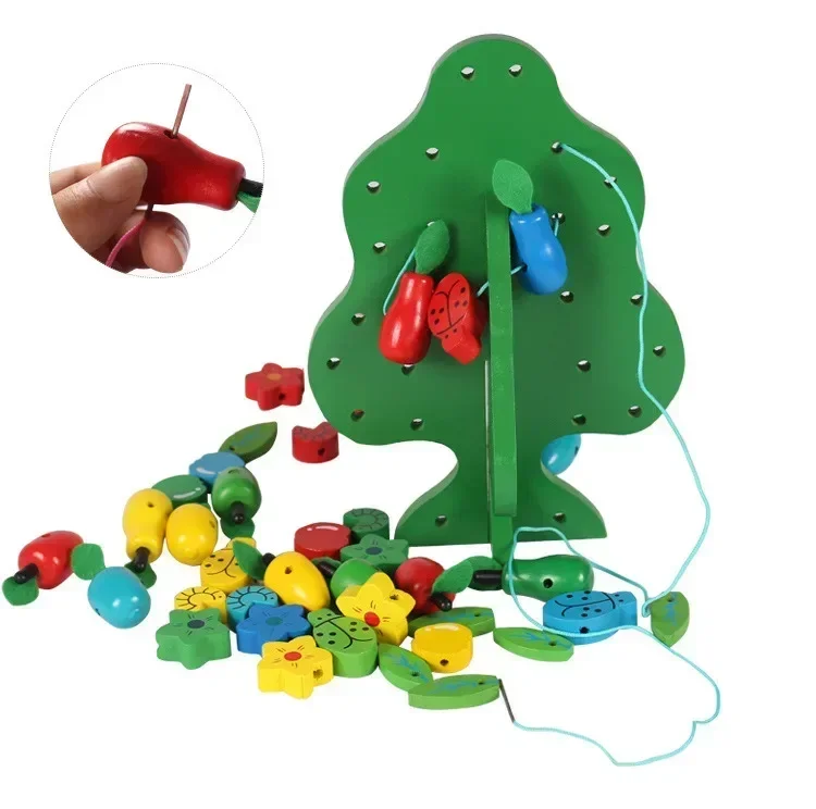 Brinquedo de madeira montessori bebê corda grânulo rosqueamento cordas inteligência benéfica jogo educação precoce cérebro teasers bloco de construção