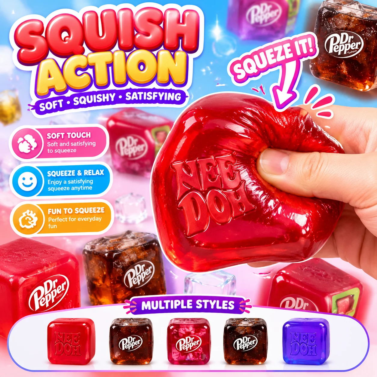Dr Pepper Nice Cube Squishy Sensory Fidget Toy Soft Stress Relief Squeeze Cube for Kids Adults Anxiety Relief NeeDoh