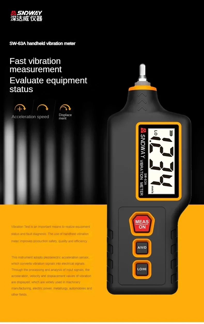 SNDWAY SW63A Portable Digital Vibration Gauge, Handheld Tester for Motor Equipment Metal Vibration Condition Detection