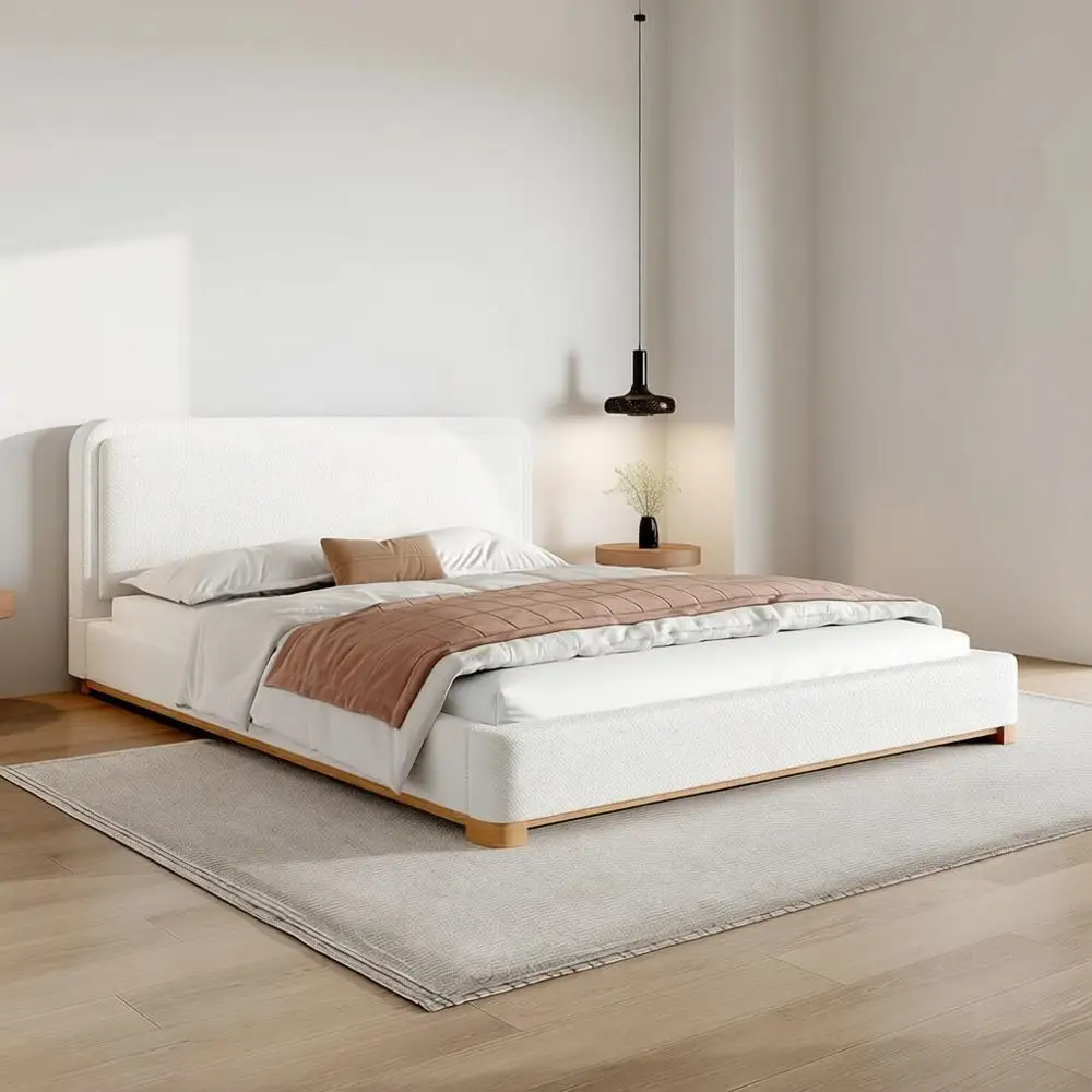 

Кровать-платформа с мягкой обивкой размера «queen-size» и изогнутым изголовьем, массив дерева, коробчатая пружина не требуется, белая для детей