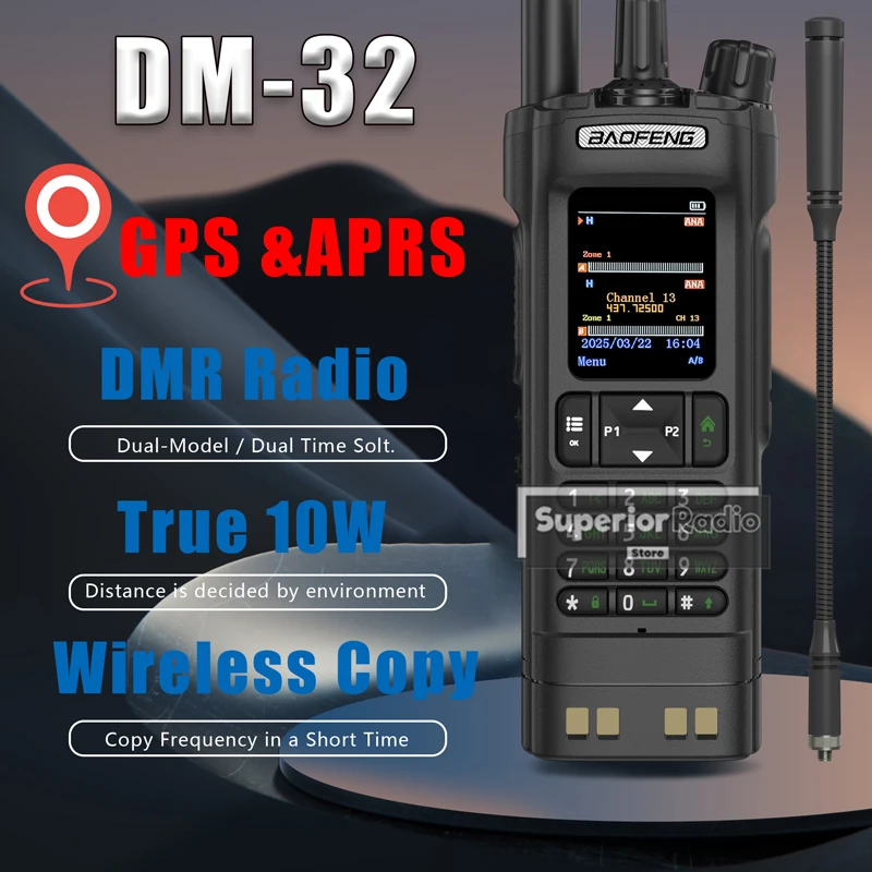 BAOFENG DMR DM-32 Digital Walkie Talkie GPS AES256 Encryption Dual Mode Analog Black Dual Time Slot AM APRS Digital Call DM-32UV