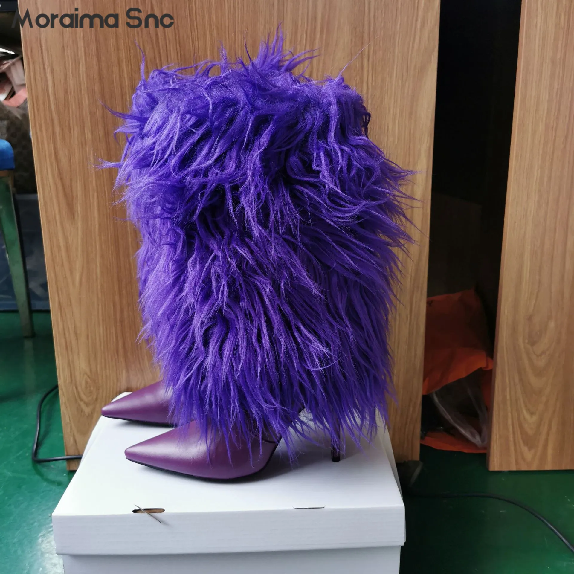 

Purple Fur Sleeve Boots Pointed Toe Stiletto Heels Cross-Dressing Large Size Knee-High Boots for Women Sexy Winter Mid-Calf Boot