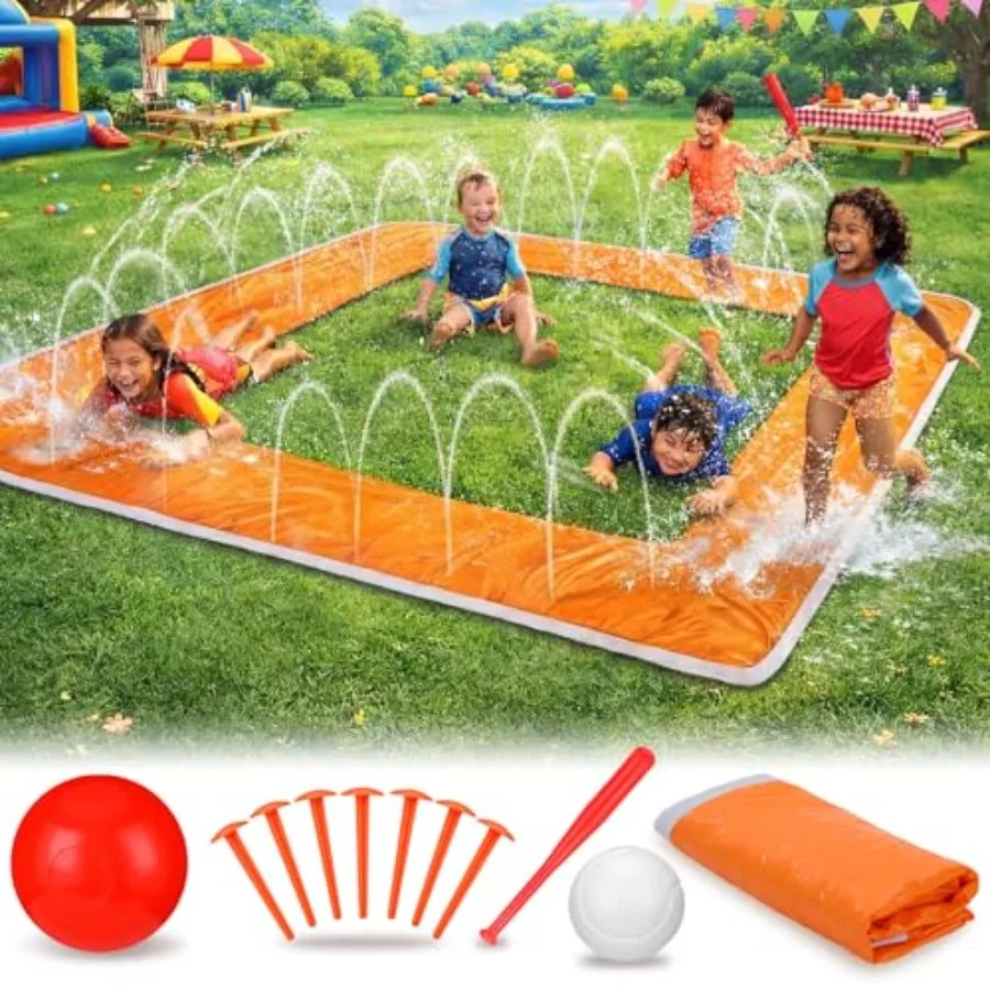 

13 ft Baseball Water Slide Set for Backyard Summer Outdoor Water Game Toys with Fixed Piles Baseball Bat Ball in Blue and White
