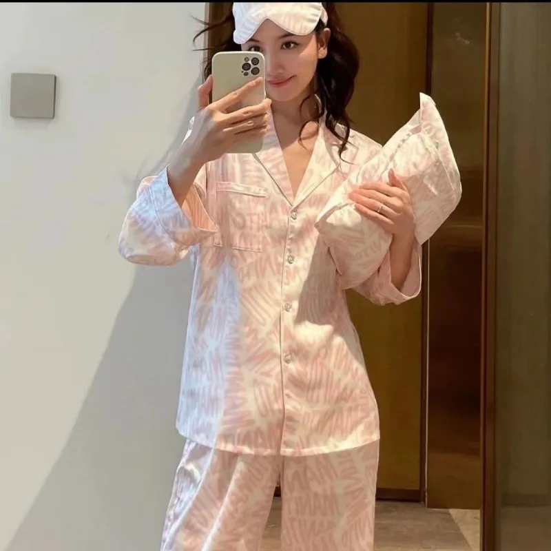 Temperament Girls Long Sleeve Home Suit Sleepwear Spring Autumn High Appearance Level New Ice Silk Loose Simple Pajamas