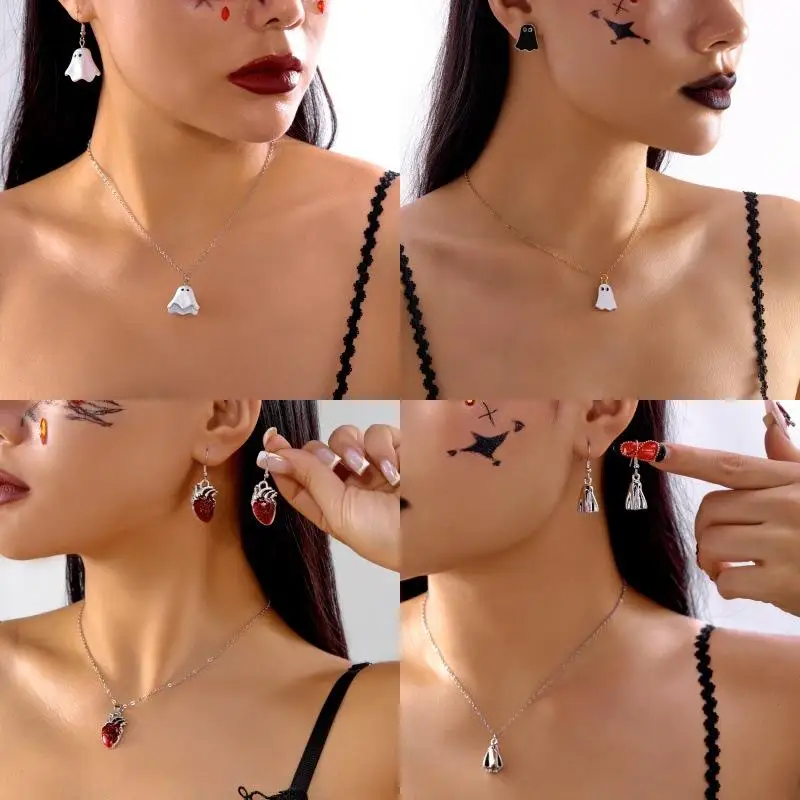 

Хэллоуин призрак серьги ожерелье для женщин девочек асимметричный металл маленький дьявол ювелирные изделия фестиваль вечерние аксессуары подарок