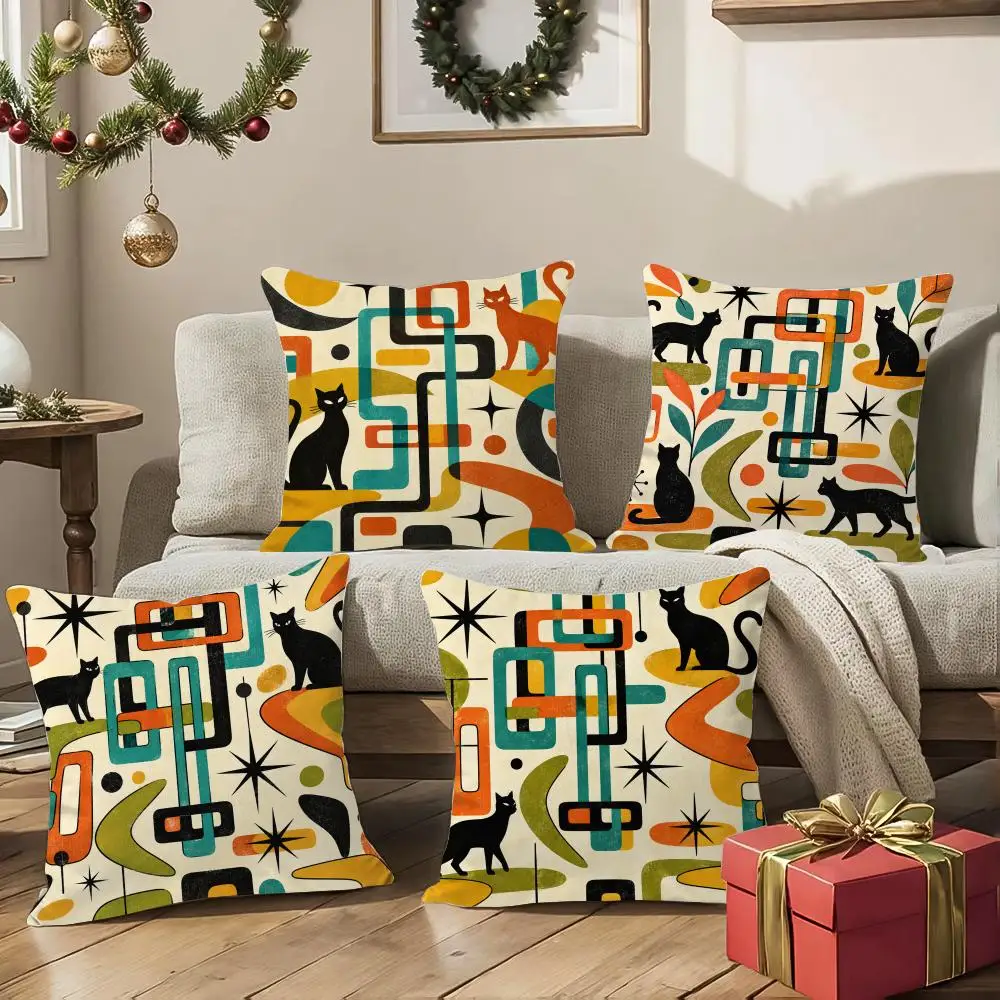 Mid-century Cats Cushion Cover 1/4Pcs Soft Plush Throw Pillow Cover Double-Sided Print Sofa Living Room Decor