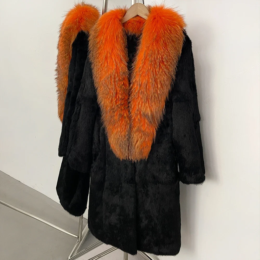 OFTBUY Neue Luxuriöse Vollpelz-Winterjacke für Damen, Mittellanger Echtkaninchenfellmantel, Übergroßer Echtfellkragen aus Waschbär- und Fuchsfell – Detail 14
