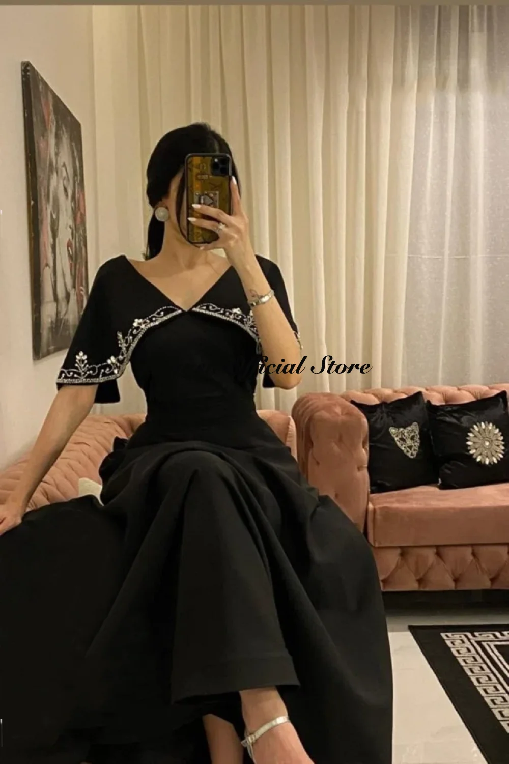 Customized Black Party Dress for Weddings Line A Beading Ankle Length Robe De Soiree Femmes Evening Dresses for Formal Occasions