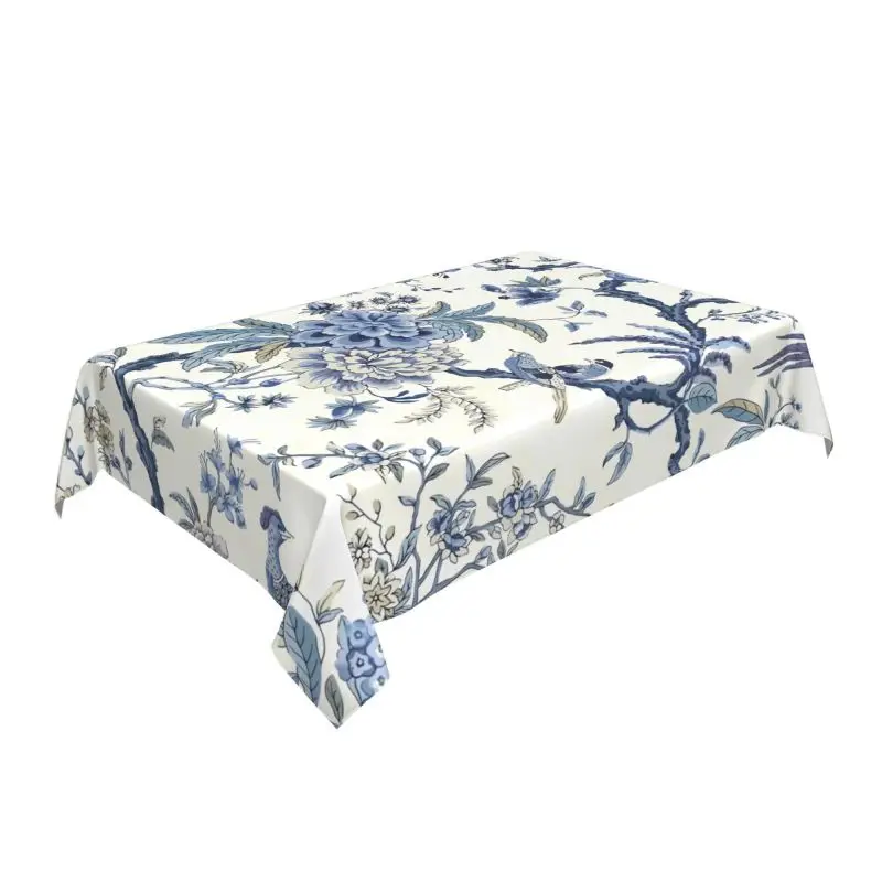 Chinoiserie Blue and White Outdoor Bule Birds Flowers Tablecloth Rectangle Table Cover Polyester Tablecloth for Picnic Dinner