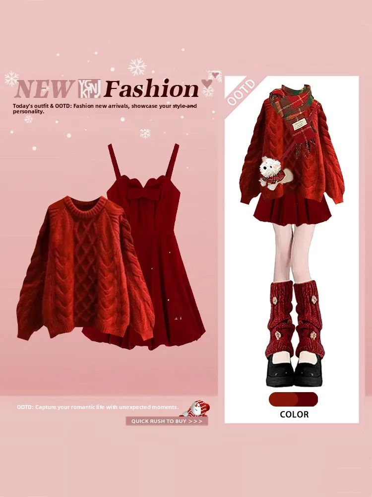

Korean Sle Red Sweater Dr Set New Year's Aosphere Clothes Set for Women Winter Faion Outfit Two-Piece Set Long Sve