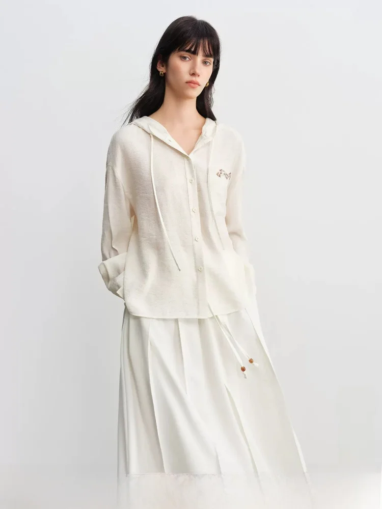 

Elegant Embroidered Hooded Shirt Drawstring Women's New Fashion Straight Leg Long Sleeve Button up Casual Office Wear