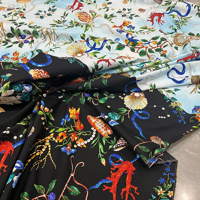 Tela de algodón popelín con estampado de coral y conchas del mundo submarino para vestido/blusa/pantalones de mujer, material de costura DIY.