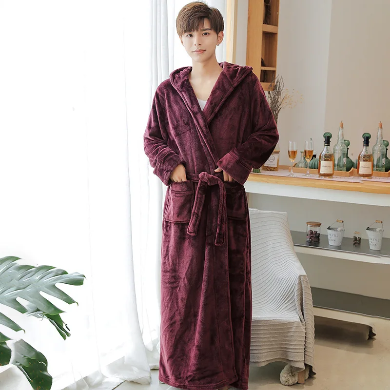 ผู้ชายยาว Robe หนา Flannel Hooded เสื้อคลุมอาบน้ําชุดกิโมโนชุดนอนฤดูใบไม้ร่วงฤดูหนาว WARM Lounge สวมใส่ Casual Coral ขนแกะ Homewear