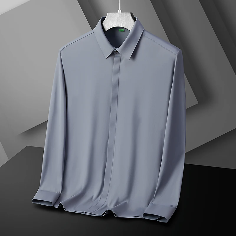 New Men'S Seamless Laminated Casual Long Sleeved Shirt Fashionable And Versatile Loose And High-Quality Solid Color Base Top