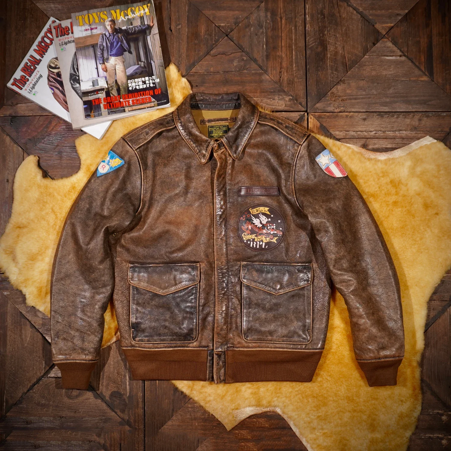 Blunt Razor Full Grain Vegetable Tanned Washed Aged A2 Flying Tigers Bomber Jacket Men's Classic Short Leather Jacket