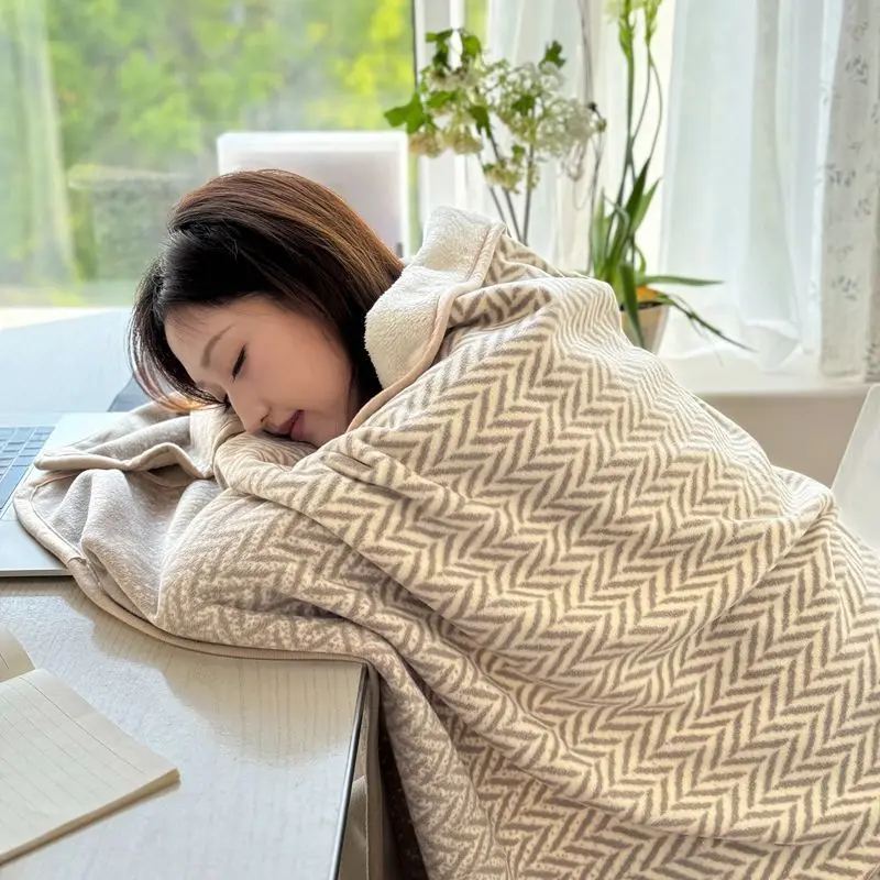 Herringbone Pattern Wearable Blanket Soft Flannel Fleece Reversible Cozy Warm Throw For Office Nap Couch Bed Travel Adults