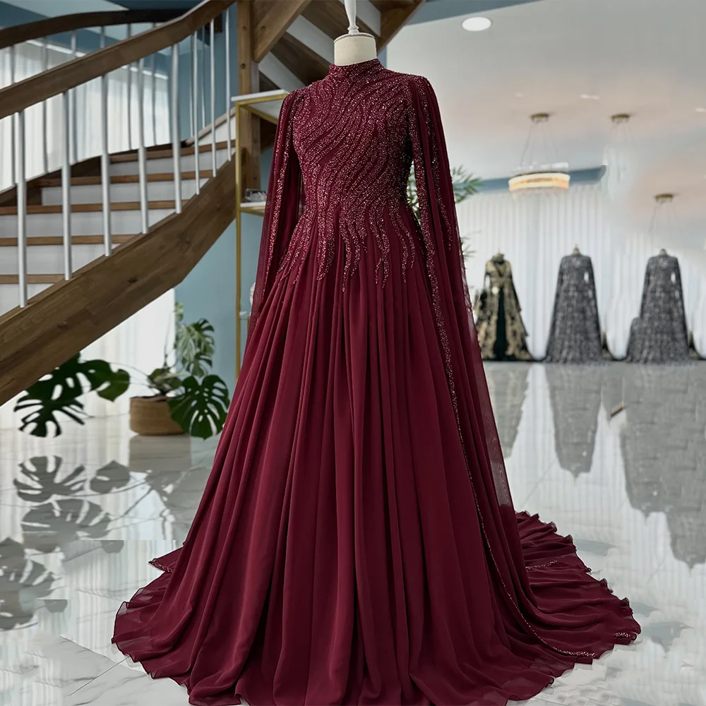 Bescheidenes Burgunder-Abendkleid, maßgeschneidert, lange Ärmel, Stehkragen, Pailletten, Hofschleppe, Chiffon, arabisches Abendkleid, Partykleider – Detail 2