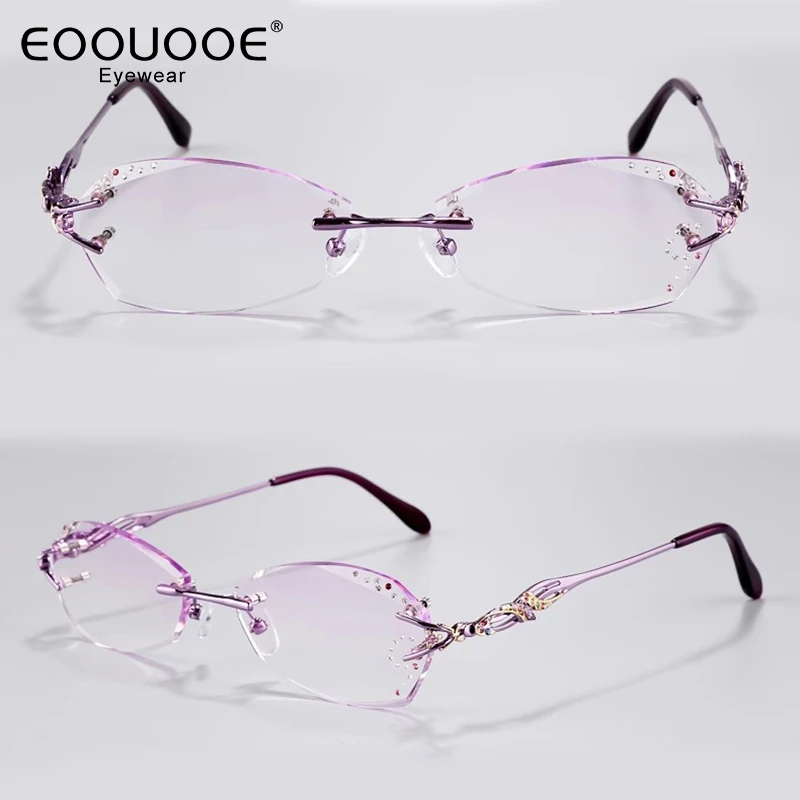 

Luxury Design Women Rimless Eyewear Crystal Flash Gradient Coloed Lenses Diamond Myopia Hyperopia High-Grade Glasses Frame