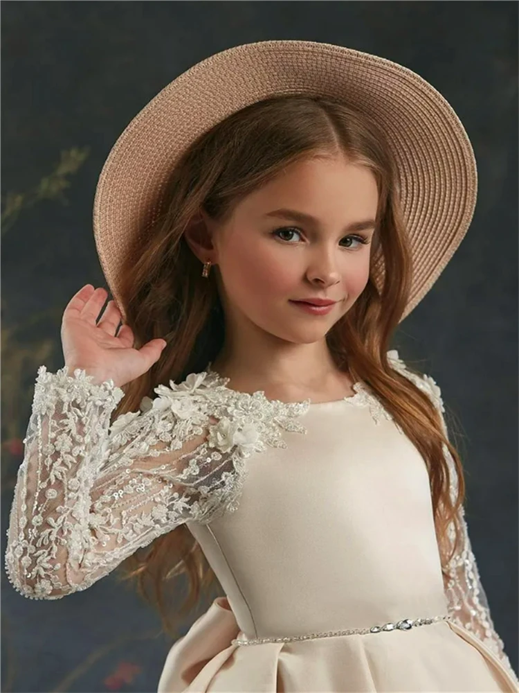 Princess Ball First Communion Dresses Elegant Lace Printing Long-sleeved Satin Flower Girl Dress Kids Surprise Birthday Present