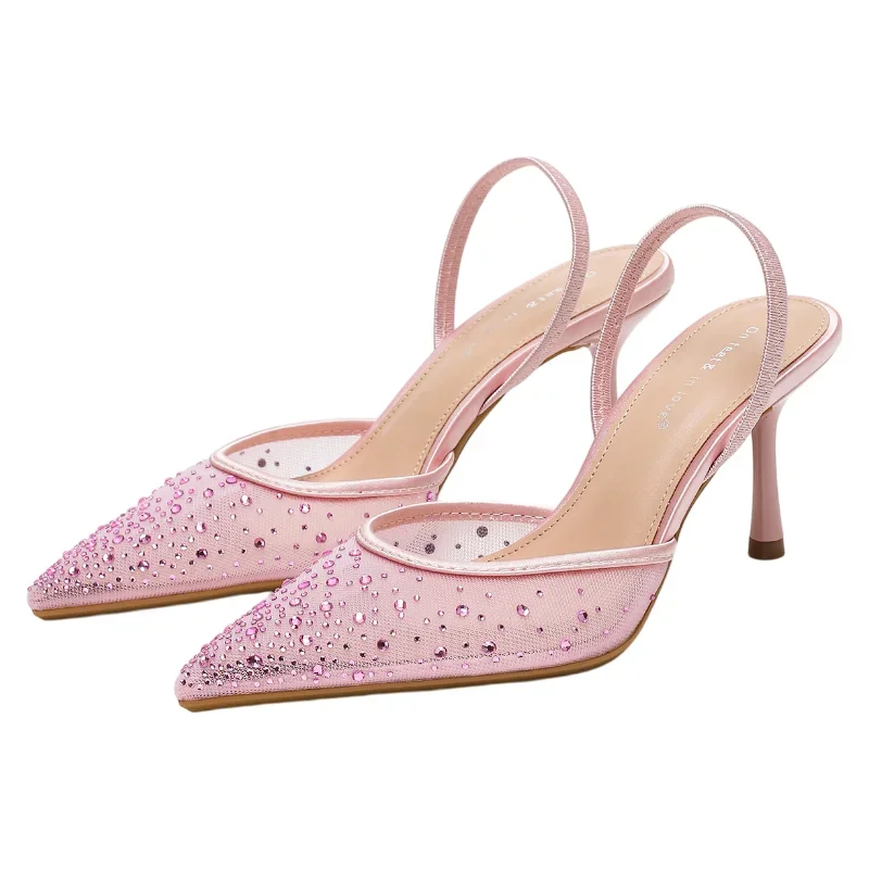 Permeable Mesh Drill High-Heeled Shoes Thick Heel Buckle Strap Pointed Toe Wedding/Party Fashionable High-Heeled Sandals
