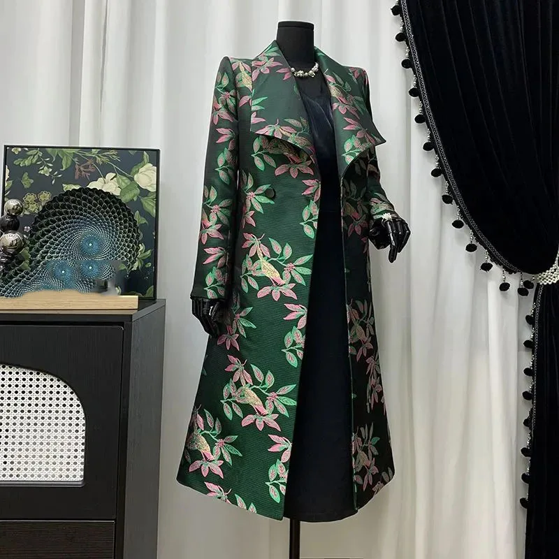 Fashion Women Clothing Trench Coat 2025 Spring Autumn New Temperament Print Chinese National Style Lapel Women Trench Coat H691