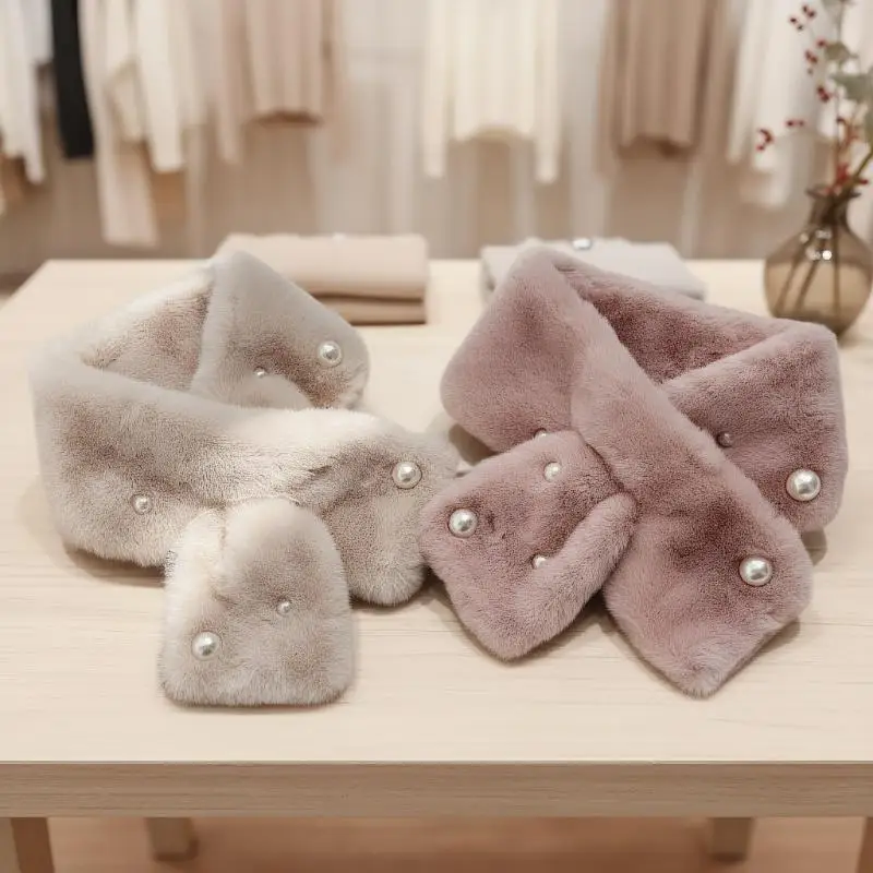 Women Fluffy Rabbit Fur Cross Scarf Winter Warm Neck Cover Collars Scarves Korean Girl Windproof Pearl Plush Snood Neckerchief