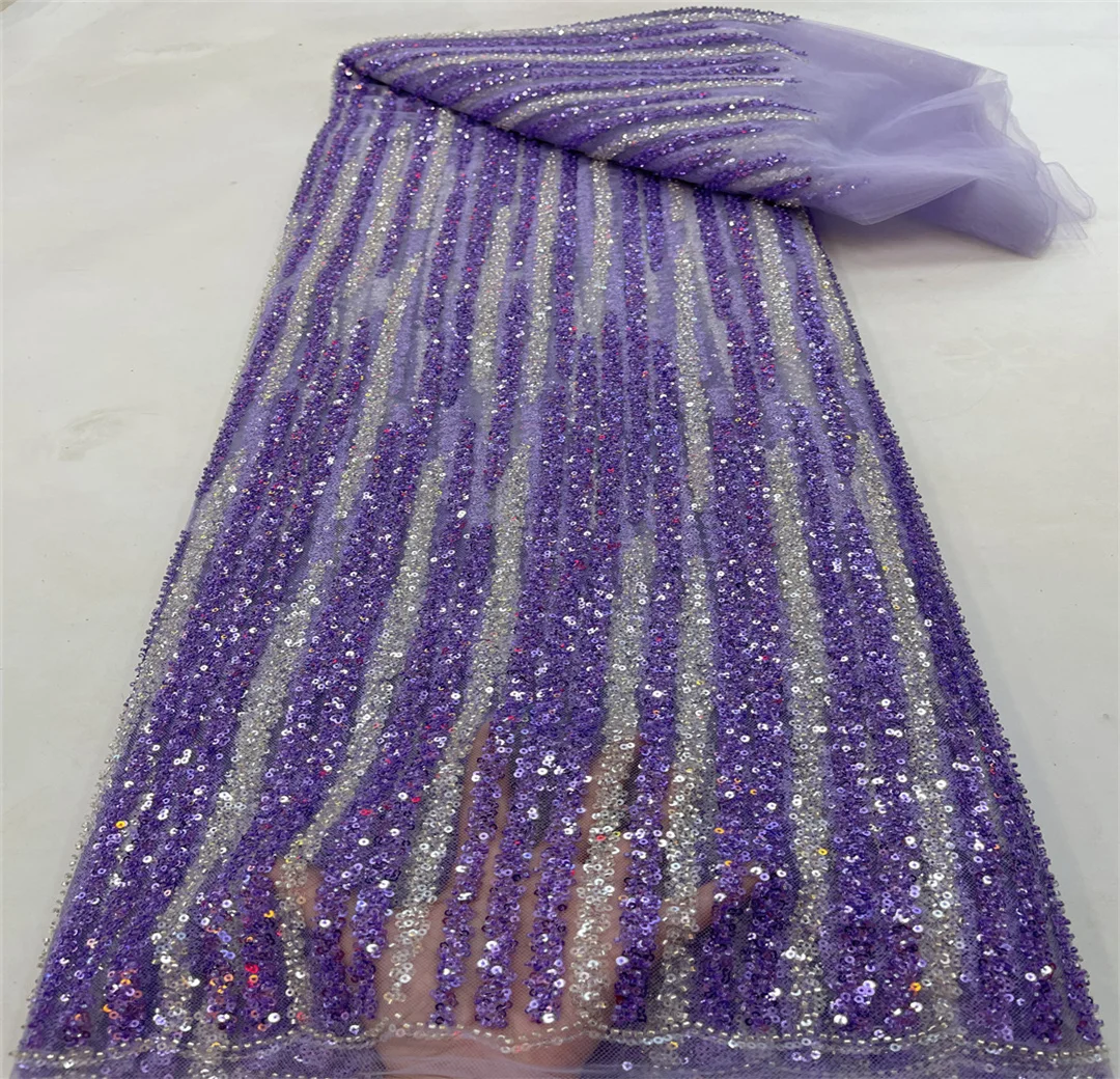 

2025 New African French Nigerian High End Lace Fabric With Beads Sequins Mesh for Embroidery Wedding Party Bride Sewing Dress