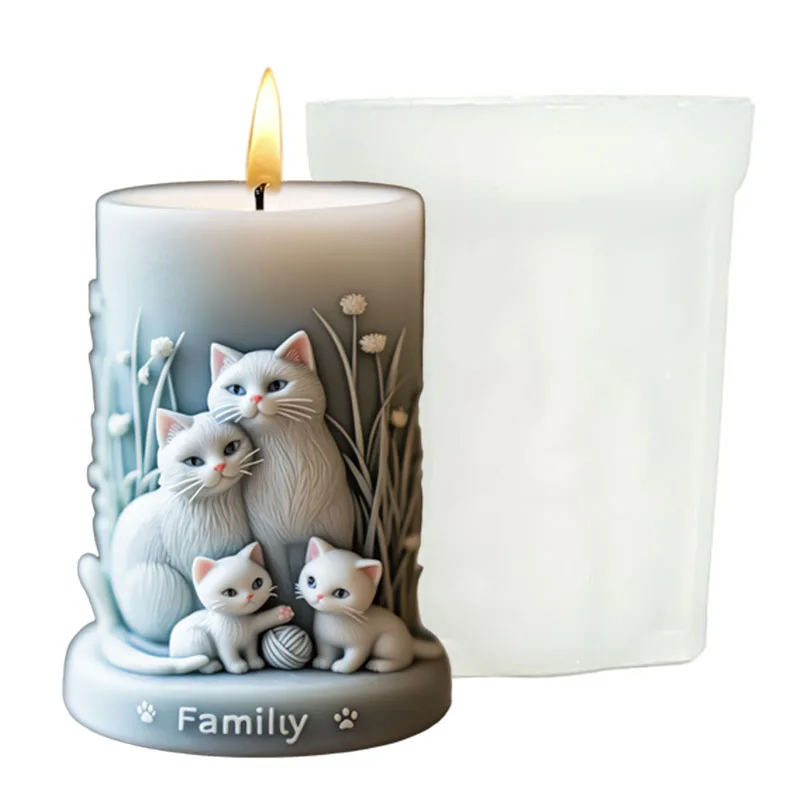 Cat Family 3D Silicone Candle Mold Four Kittens Yarn Ball Dandelion Relief High Temperature Resistant Home Aromatherapy DIY Tool