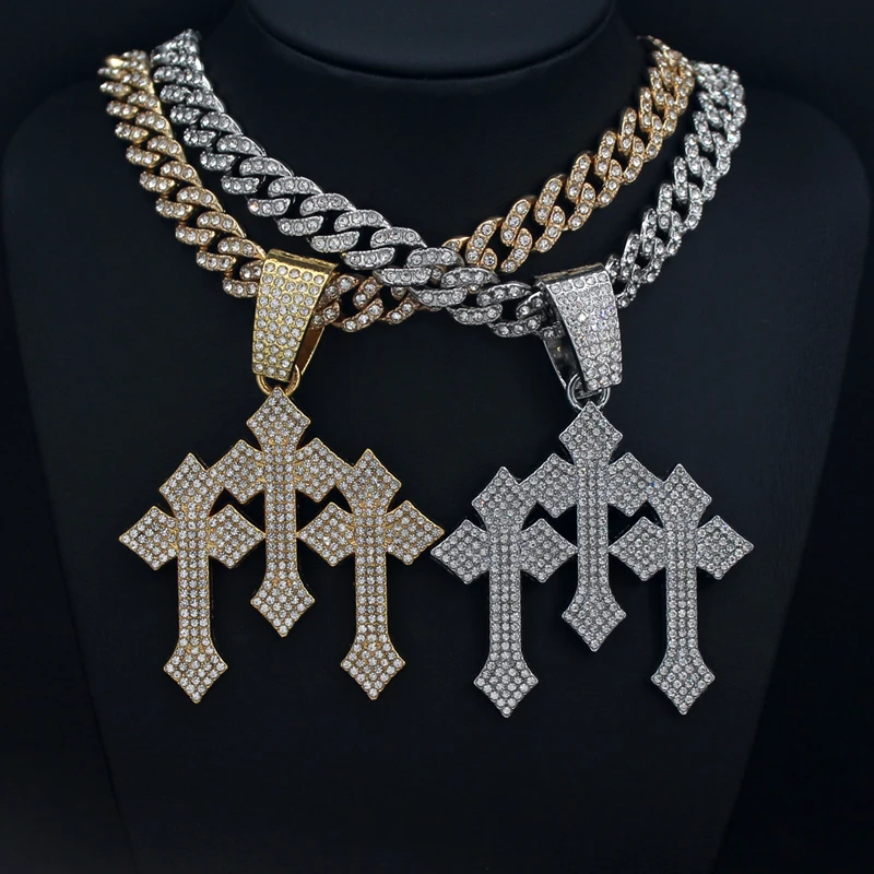 Iced Out Three Stacked Crosses Pendant Necklaces For Men Cuban Chain Hip Hop Cross Jewelry Gift