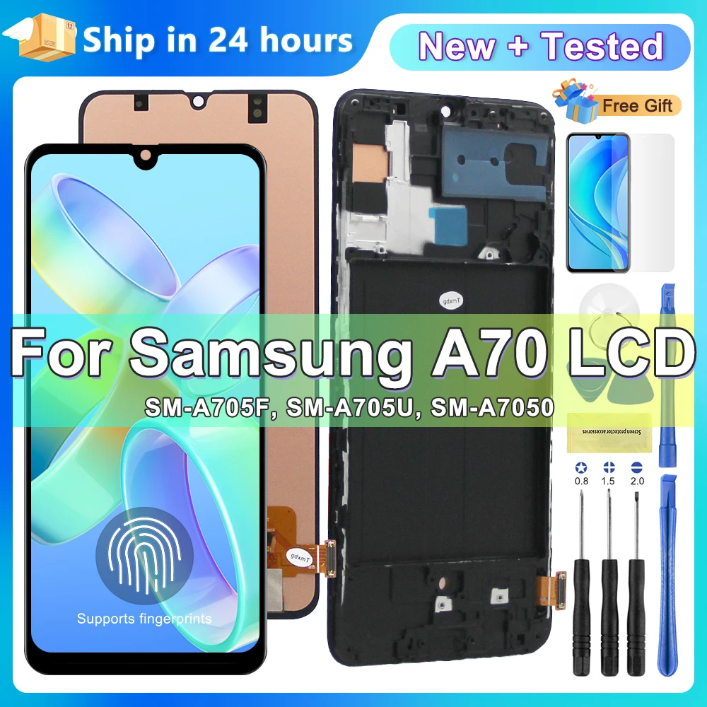 6,7-calowy ekran Super AMOLED A70 z czytnikiem linii papilarnych, do Samsung Galaxy A70 A705 A705F Wyświetlacz LCD Ekran dotykowy Digitizer