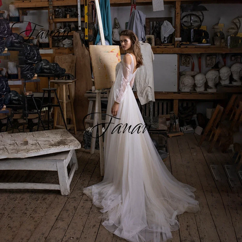 Vestido de novia de manga larga con cuello en V profundo, traje de novia de tul transparente con espalda descubierta