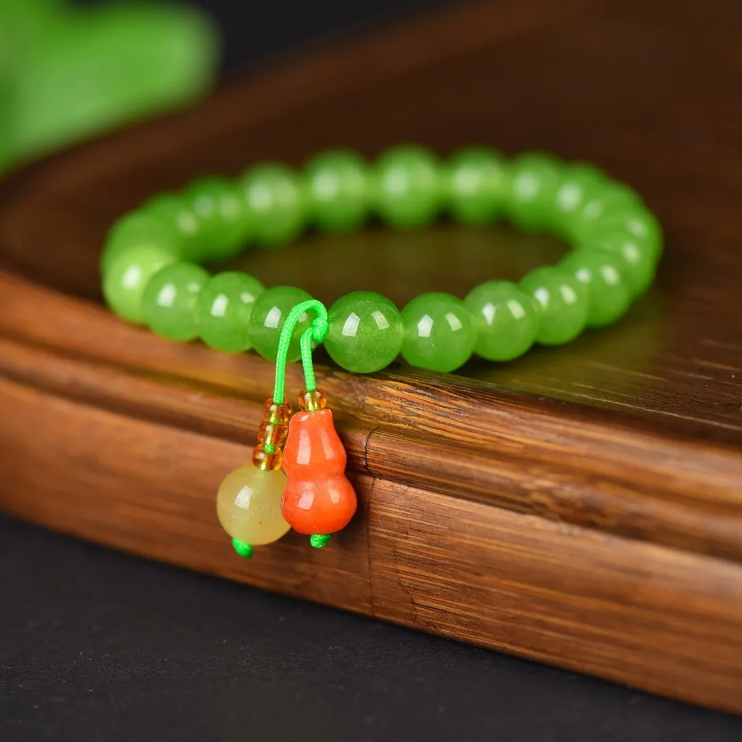 Natural Elastic Rope Green Jade Bracelet DIY Women's Round Bead Single Circle Tassel Fashionable Charm Jewelry Bracelet