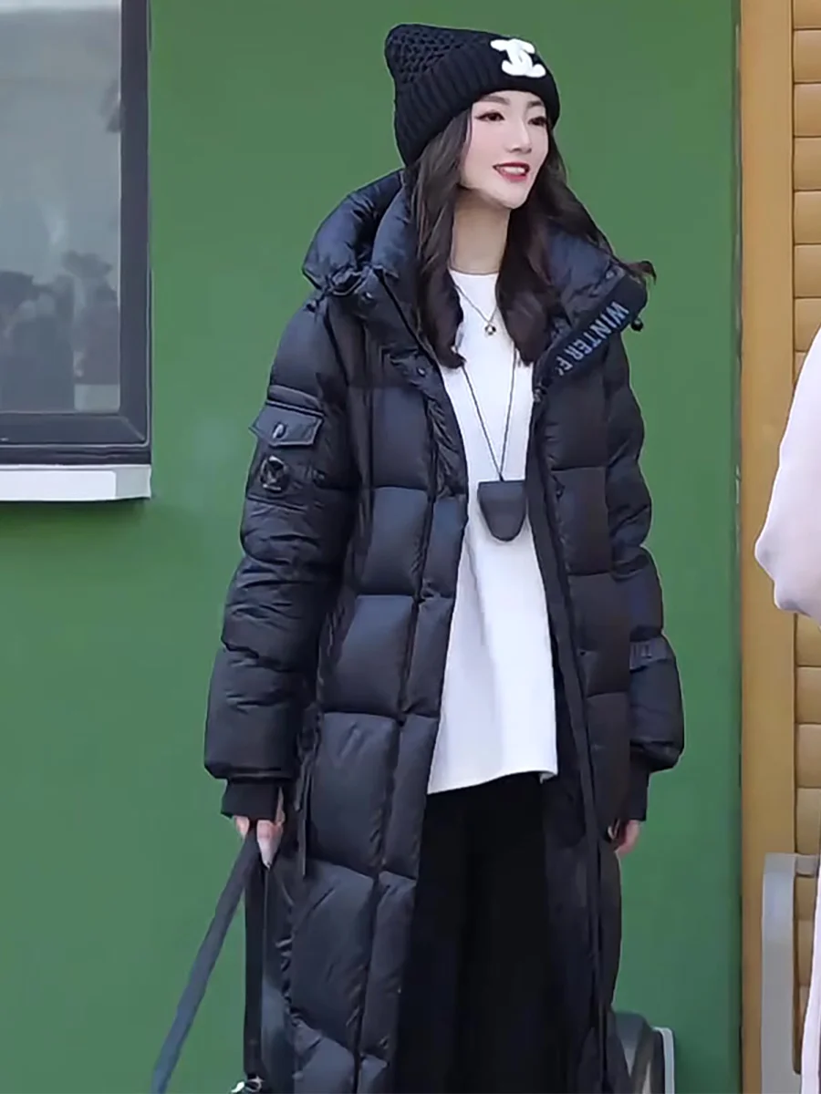 블라 롱 후드 여성용 다운 재킷 화이트 듀 페더 따뜻한 겨울 코트 한국 스타일 캐주얼 핏 지퍼 켓