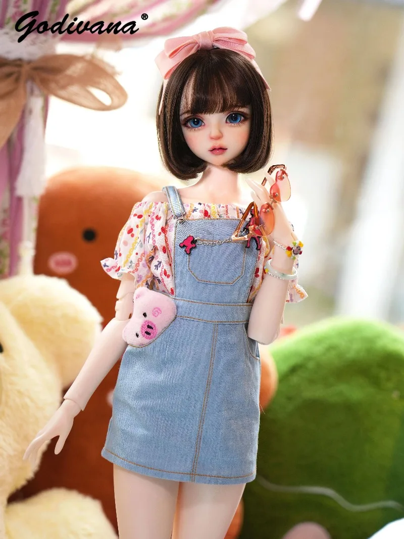 1/3 1/4 BJD Doll Clothes Cute Light Blue Denim Overalls skirt and Pink/yellow Floral Elastic Bubble Sleeves One-shoulder Top