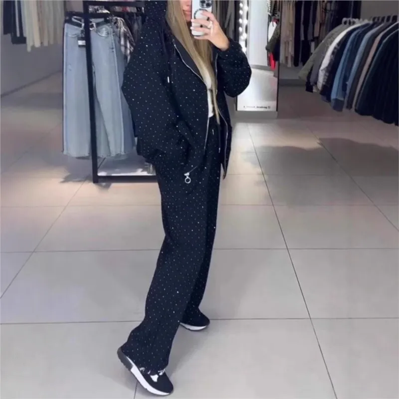 Fall Winter Rhinestone Diamonds Hooded Sweatshirt Two Piece Set Women Tracksuits  Coat Drawstring Pants Retro Loose Sport Suit