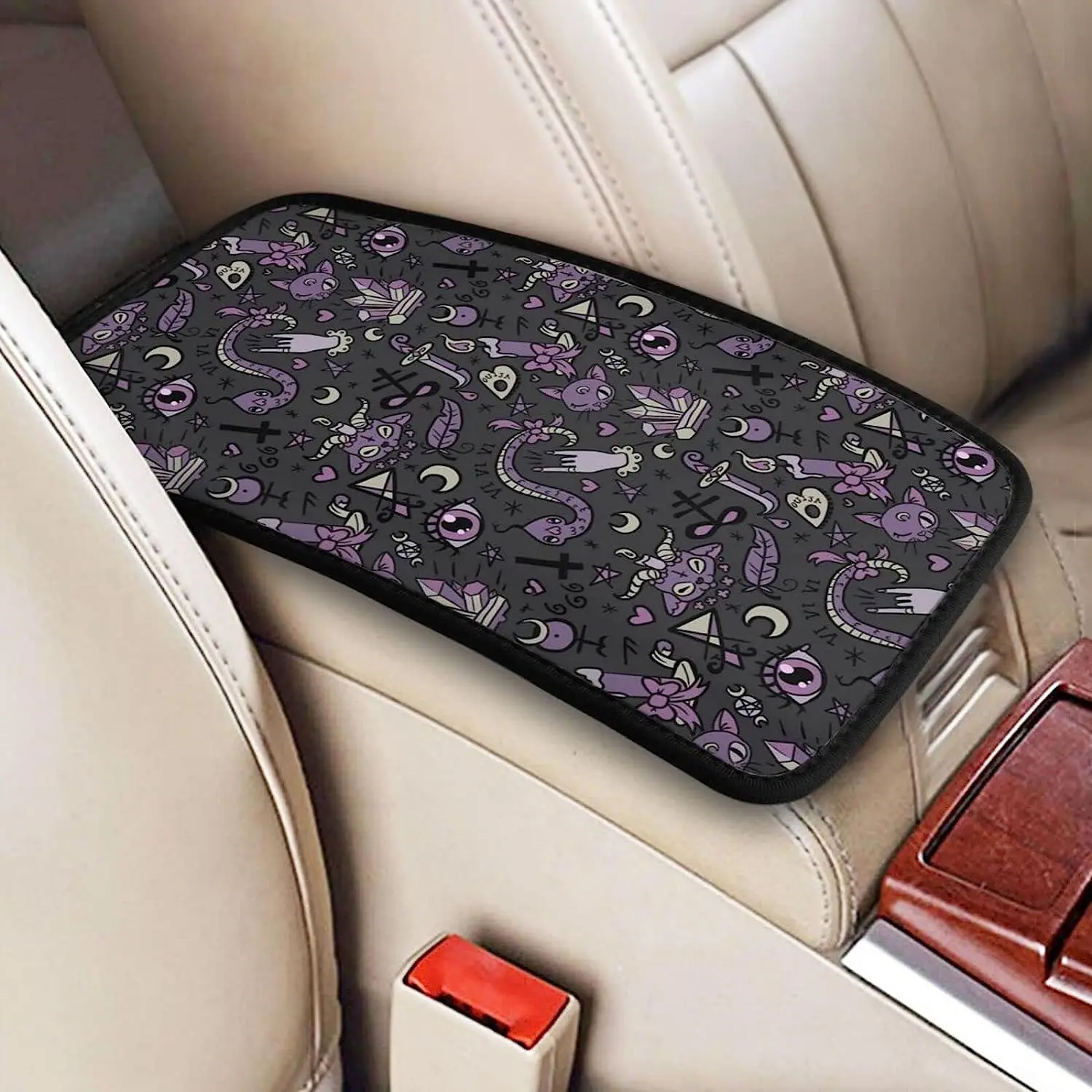 Purple Black Goth Spooky Car Armrest Cover Auto Center Console Pad Car Armrest Cushion Handrail Box Universal Decoration Cushion