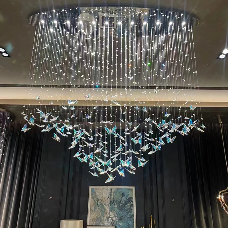 Custom Crystal Butterfly Chandelier for Hotel Lobby Banquet Hall Restaurant Club Villa Duplex Living Room and Staircase Lighting