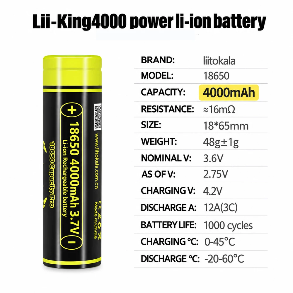 LiitoKala Lii-King4000 3.7V 18650 4000mAh Rechargeable Batteries for Flashlight Bluetooth Speaker 12A Discharging Batteries