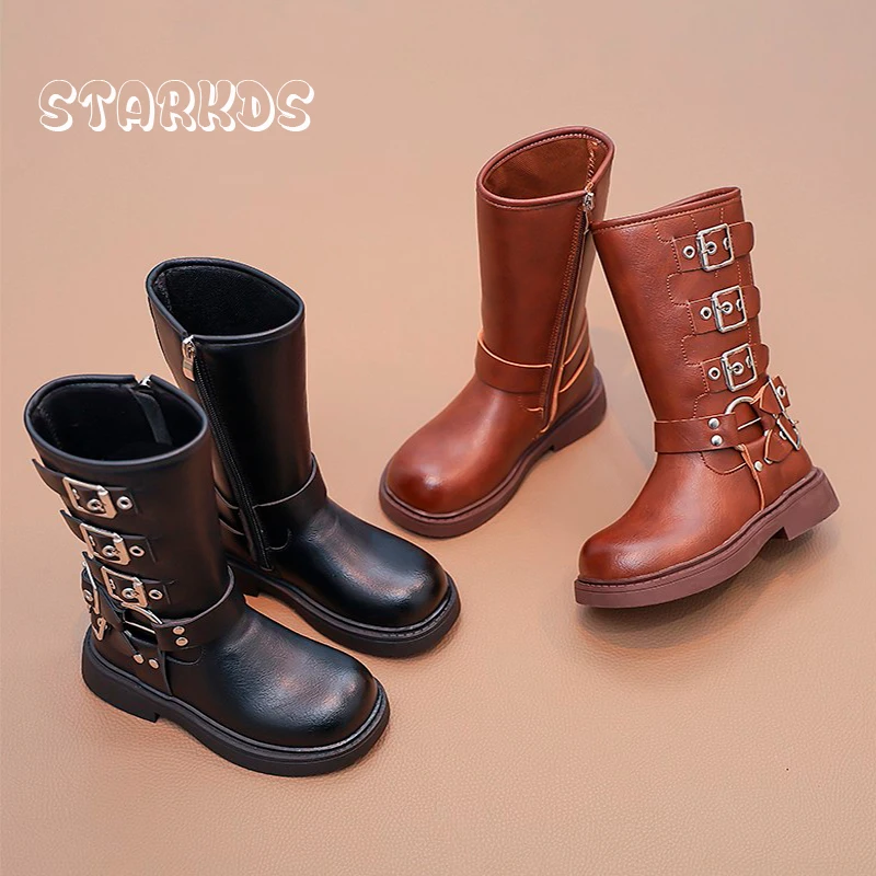 

Brand Design Metal Buckle Knee High Boots For Girl Side Zipper Cowboy Long Booties Kids Autumn Thick Sole Round Toe Combat Botas