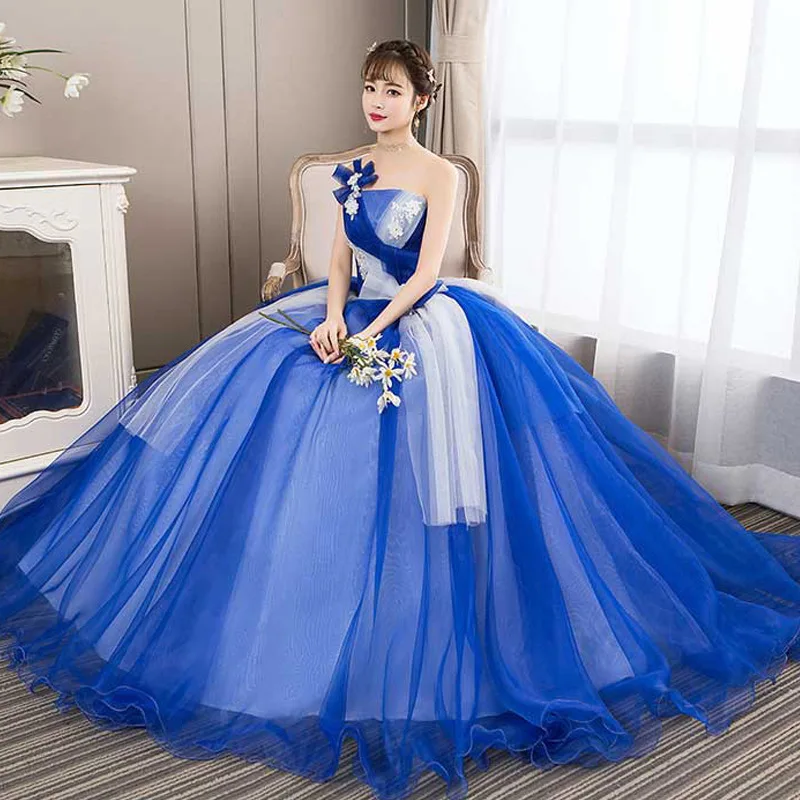 

2024 New Blue Stage Performance Dress Fluffy Skirt Photography Photography Photography One Shoulder Evening Dress Colorful Yarn