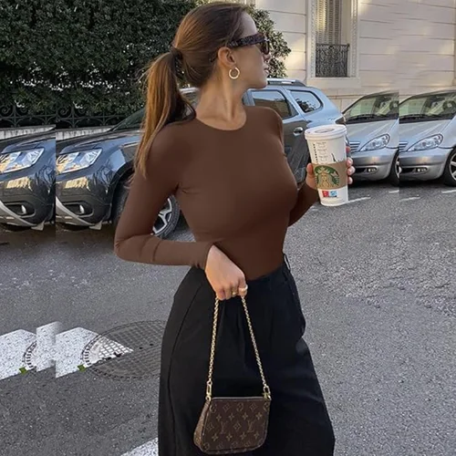 Imagen 2 del producto GUUDIA Body de manga larga sin costuras acanalado Control de barriga Body cuello redondo básico Slim Fit Tanga Shapewear Tops Otoño Invierno