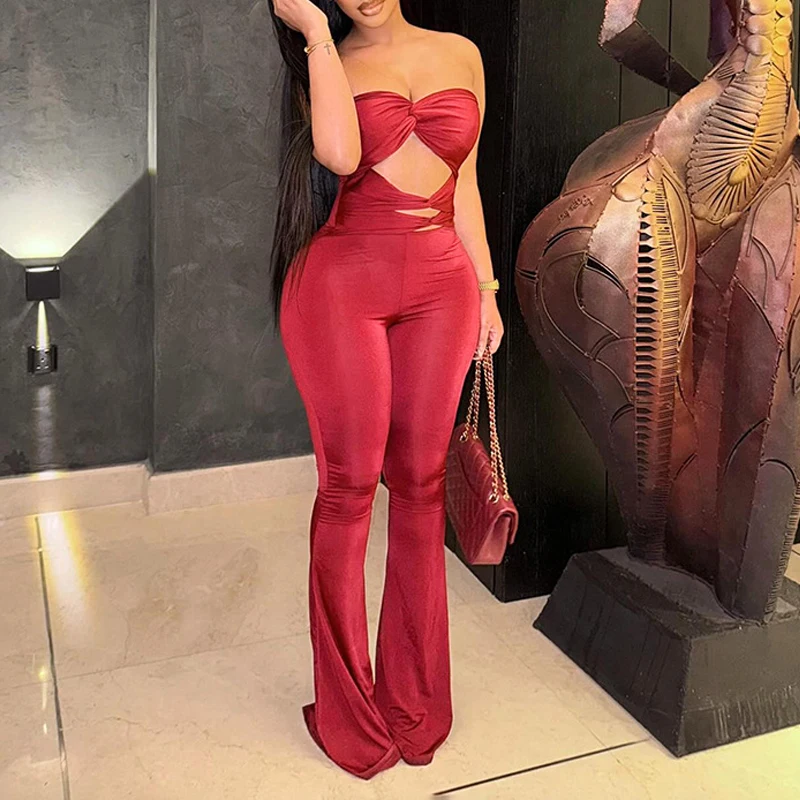 BKLD Rosso Senza Spalline Irregolare Scava Fuori Pieghe A Vita Alta Slim Fit Senza Maniche Backless Tuta Pantaloni Svasati Abbigliamento Da Festa Sexy