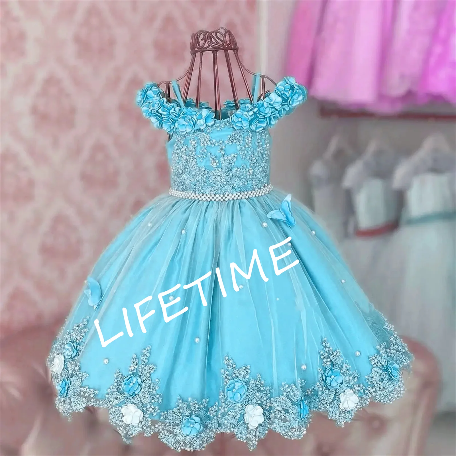 Satin Luxury Flower Girl Dress For Wedding Sleeveless Applique With Pearls Bow Kids Birthday Party Tulle Pageant Ball Gown New