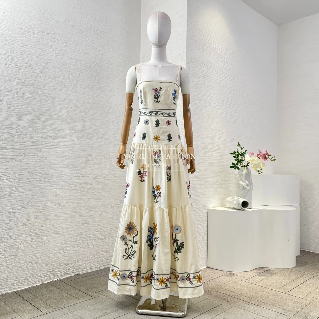 

2025 New White Embroidery Floral Print Sleeveless Sling Midi Dress