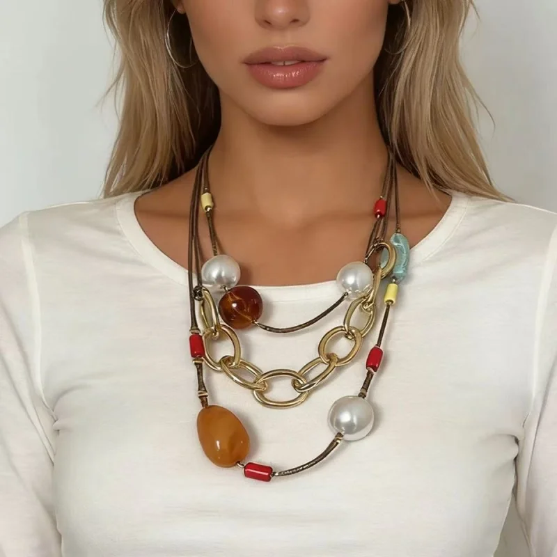 

Retro European Multi-LayerMetal Necklace for Women with Natural Stone Pearl Color Contrast Design Clavicle Chain Daily Accessory