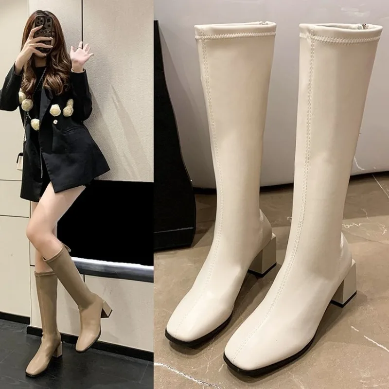 أسود بولي Leather جلد الركبة أحذية للنساء أحذية مشبك معدني الديكور موضة جديدة في الهواء الطلق طويل بوتاس أحذية السيدات حجم 35-40 #1