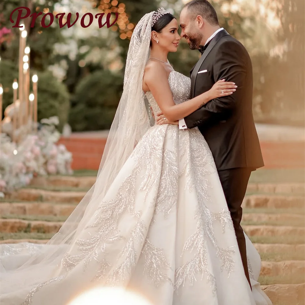 

Prowow Luxury Beading A Line Wedding Dresses Strapless Sequines Bridal Gowns Sleeveless Sweep Train Customized Vestidos De Novia